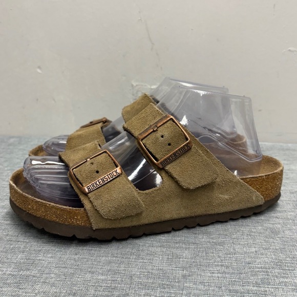 Birkenstock Shoes - Birkenstock Arizona Sandals Women 7 Brown Suede Two Strap Cork Slide Footbed